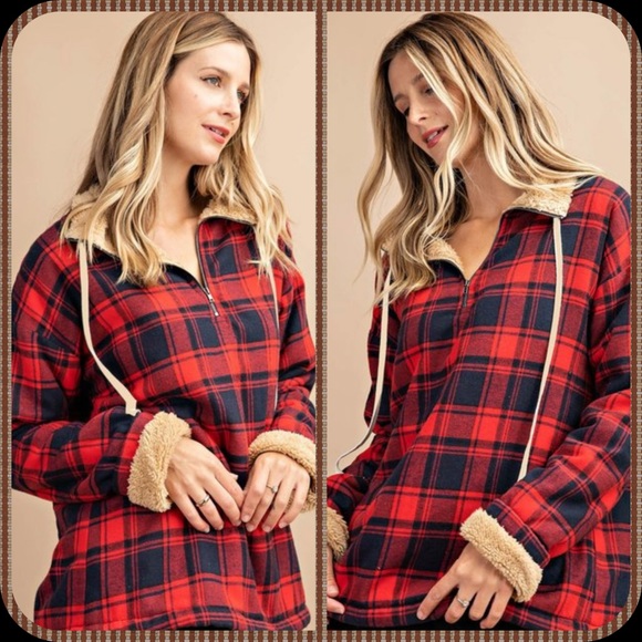 RED AND BLUE PLAID PULLOVER IN SIZE SMALL, LARGE - Picture 2 of 3